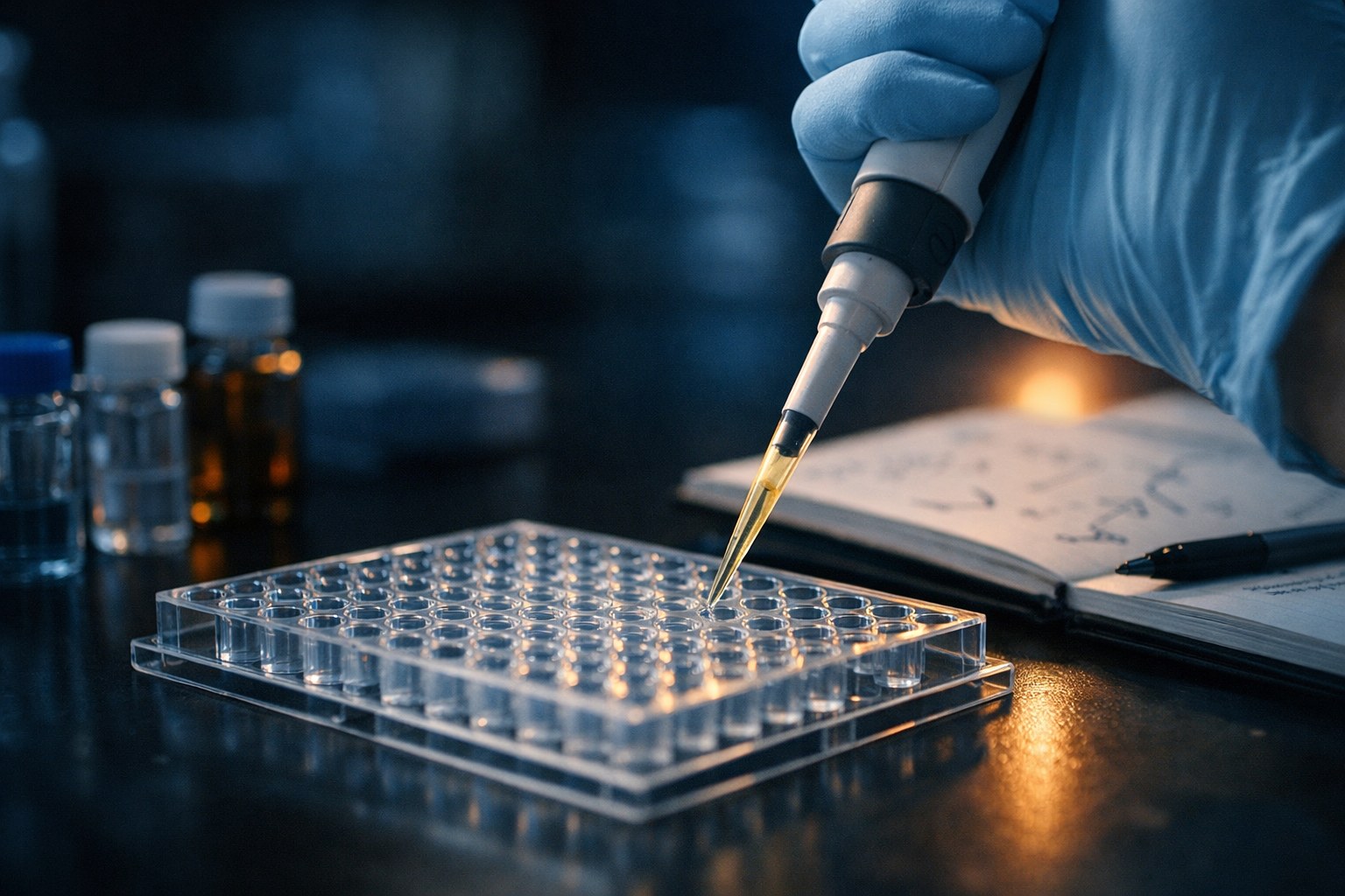 Researcher hands pipetting a sample into a multi-well plate during custom assay development