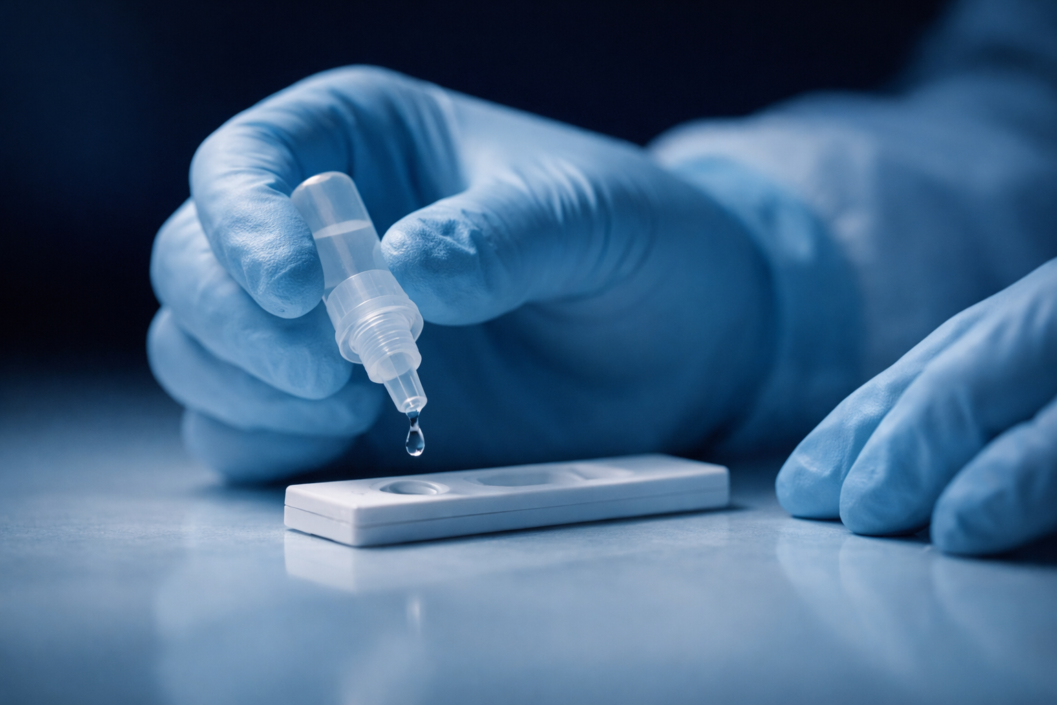 Clinician hands depositing a sample onto a rapid COVID-19 and Flu A/B antigen cassette