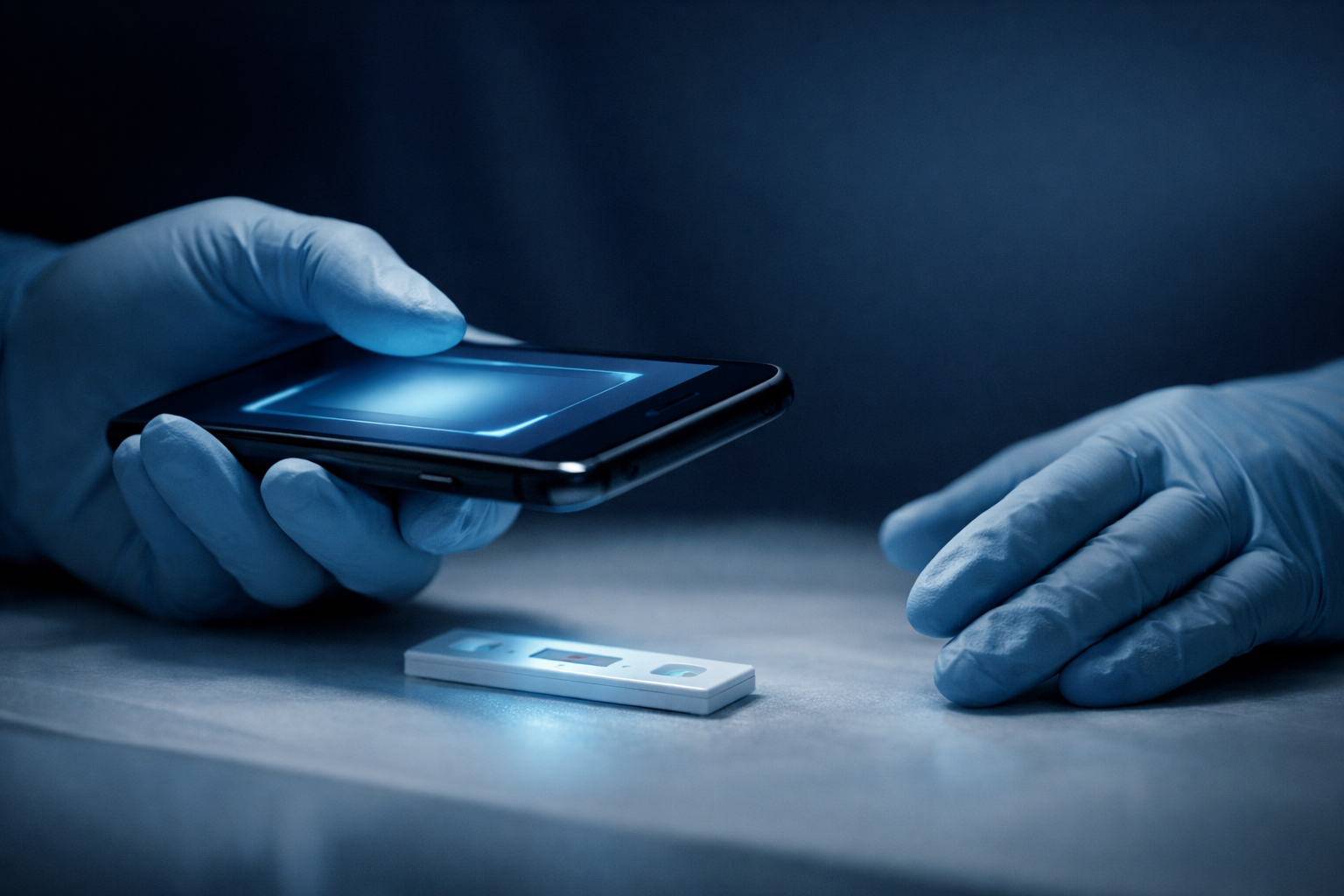 Clinician hands using a smartphone to interpret a rapid sickle cell test strip