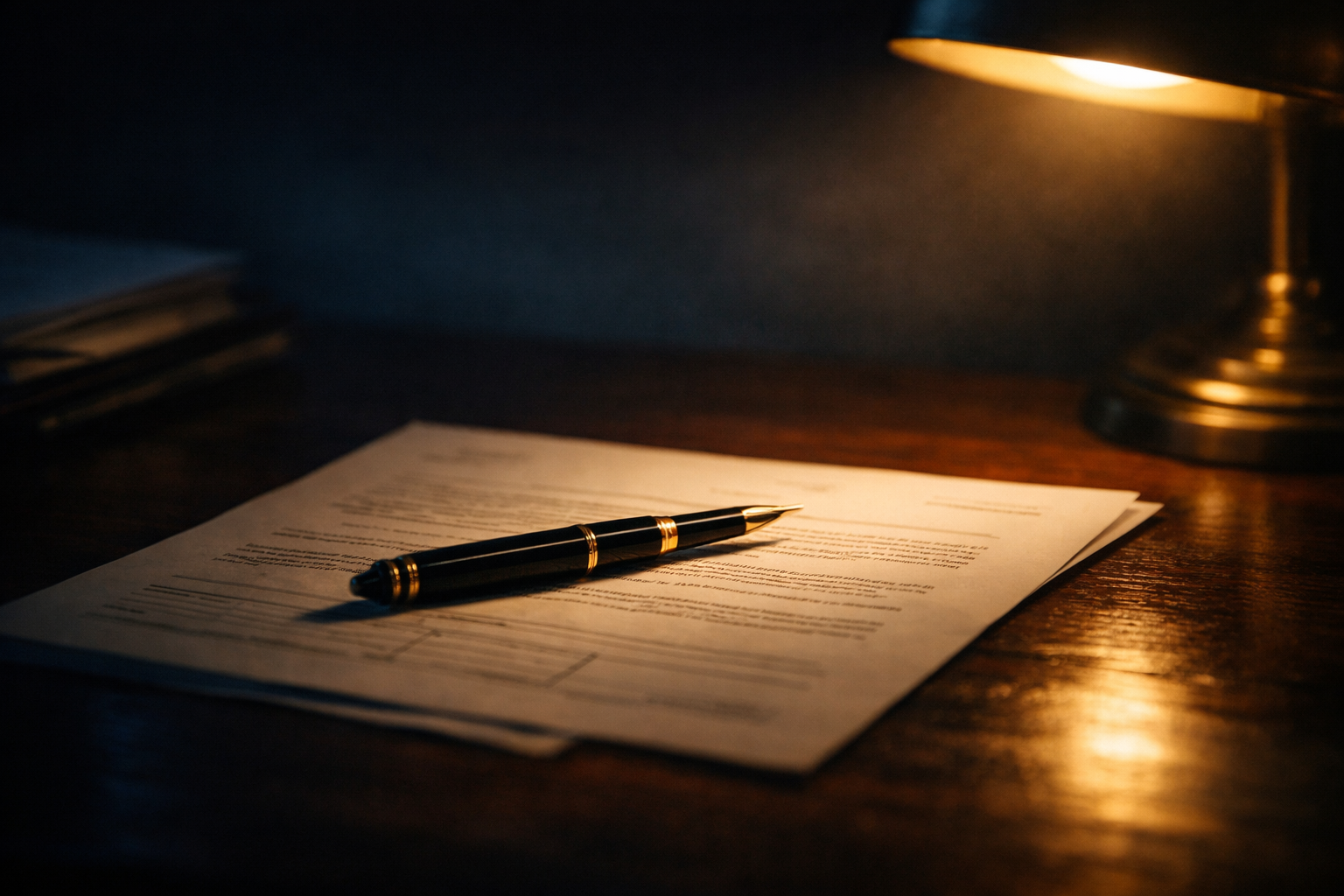 An official-looking document on a dark wood surface, illuminated by an amber desk lamp, with a fountain pen resting across it
