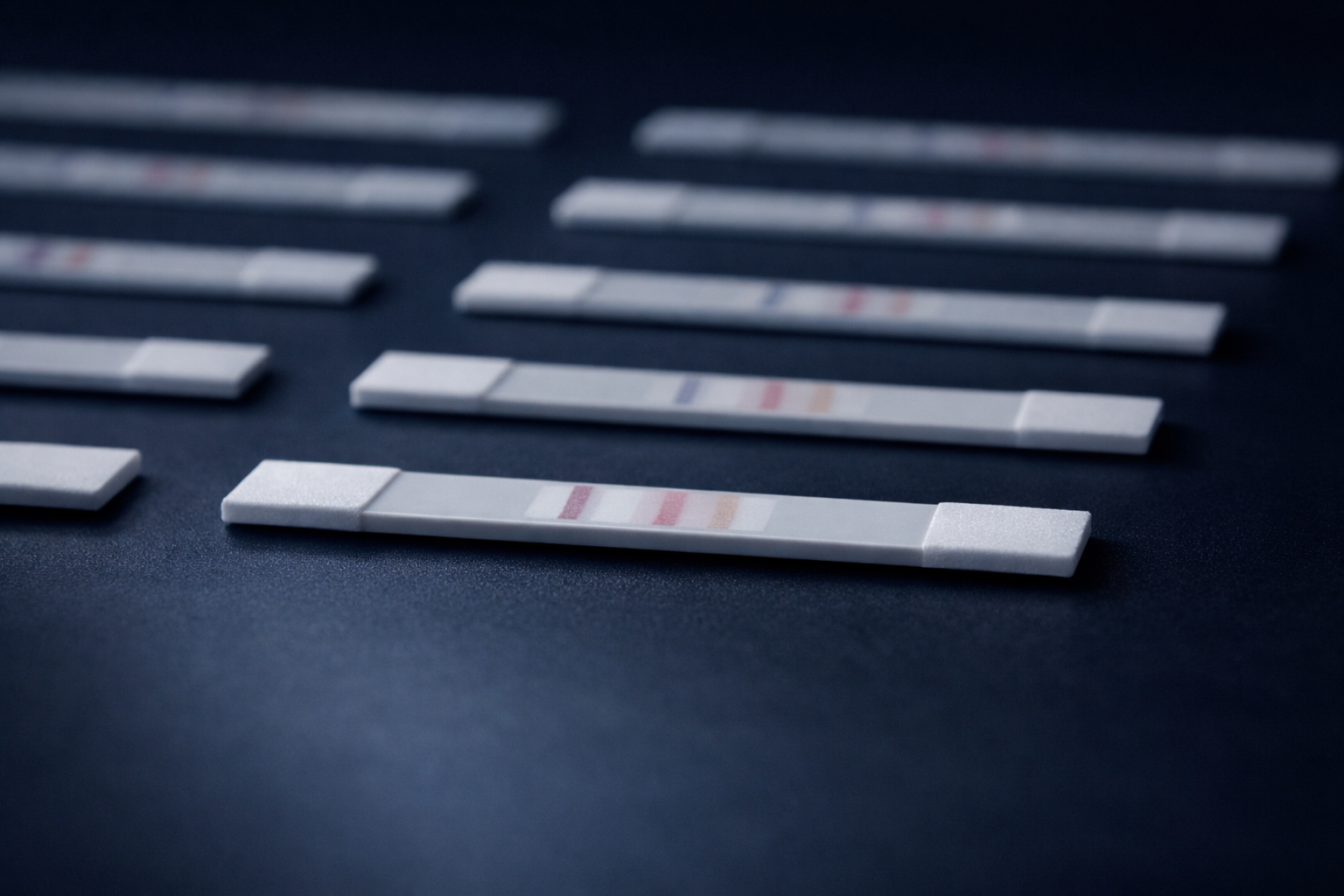 Macro view of a rapid drug-checking test strip with multiple test lines visible.